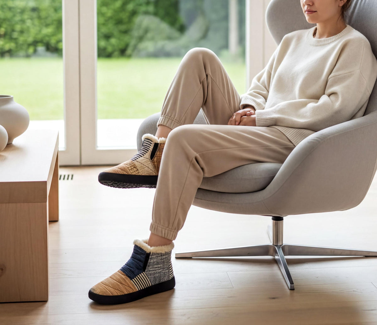 A person is sitting in a chair, wearing a beige sweater and beige pants, with their feet propped up on a wooden table.