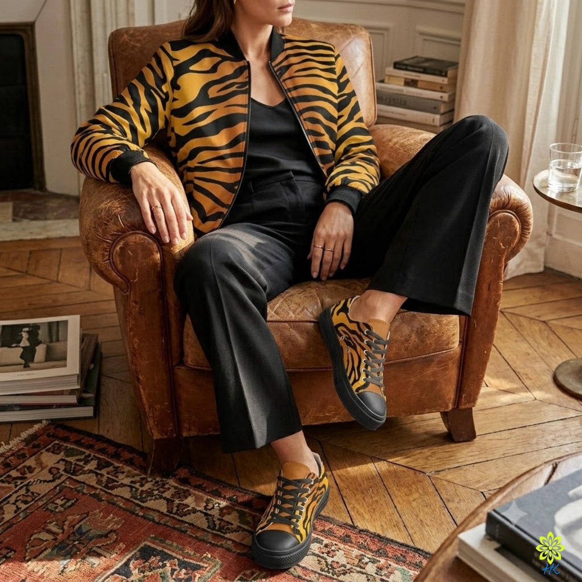 A person is sitting in a leather armchair wearing a tiger-striped jacket and black pants, with a pair of yellow and black sneakers on their feet.