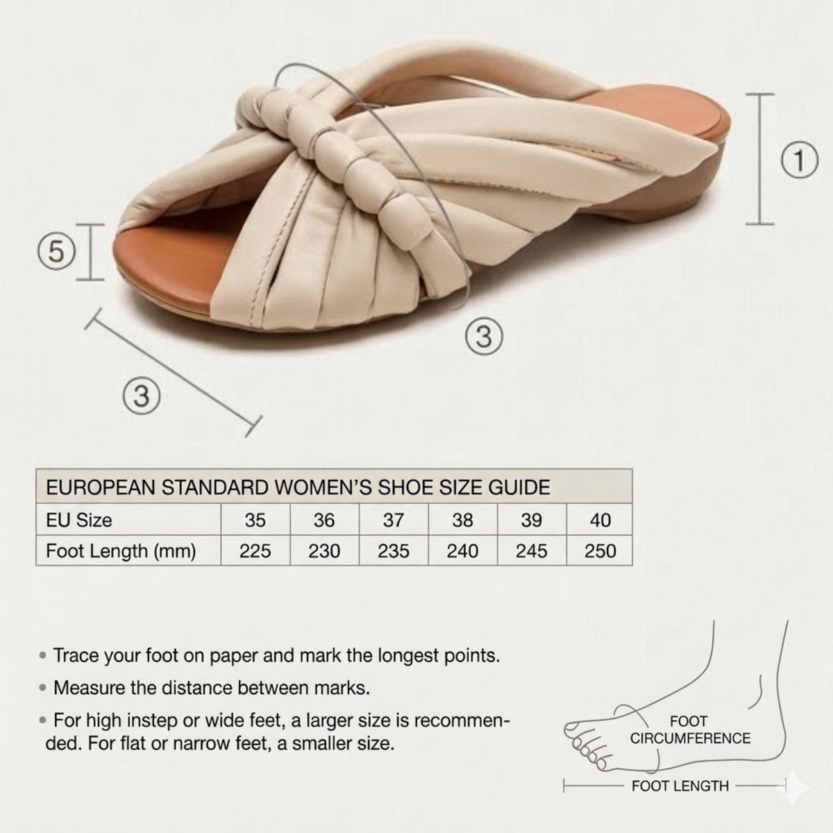 The image is a shoe size guide for European women, providing measurements and corresponding shoe sizes for various foot lengths.