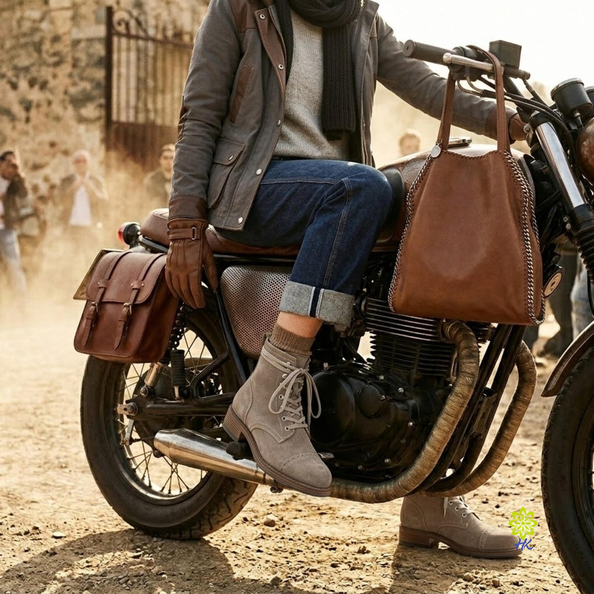 A person sits on a vintage-style motorcycle in a dusty outdoor setting, wearing a brown leather shoulder bag, brown leather saddlebag, brown gloves, and gray lace-up boots. The motorcycle also has a large brown leather tote bag hanging from the handlebar.