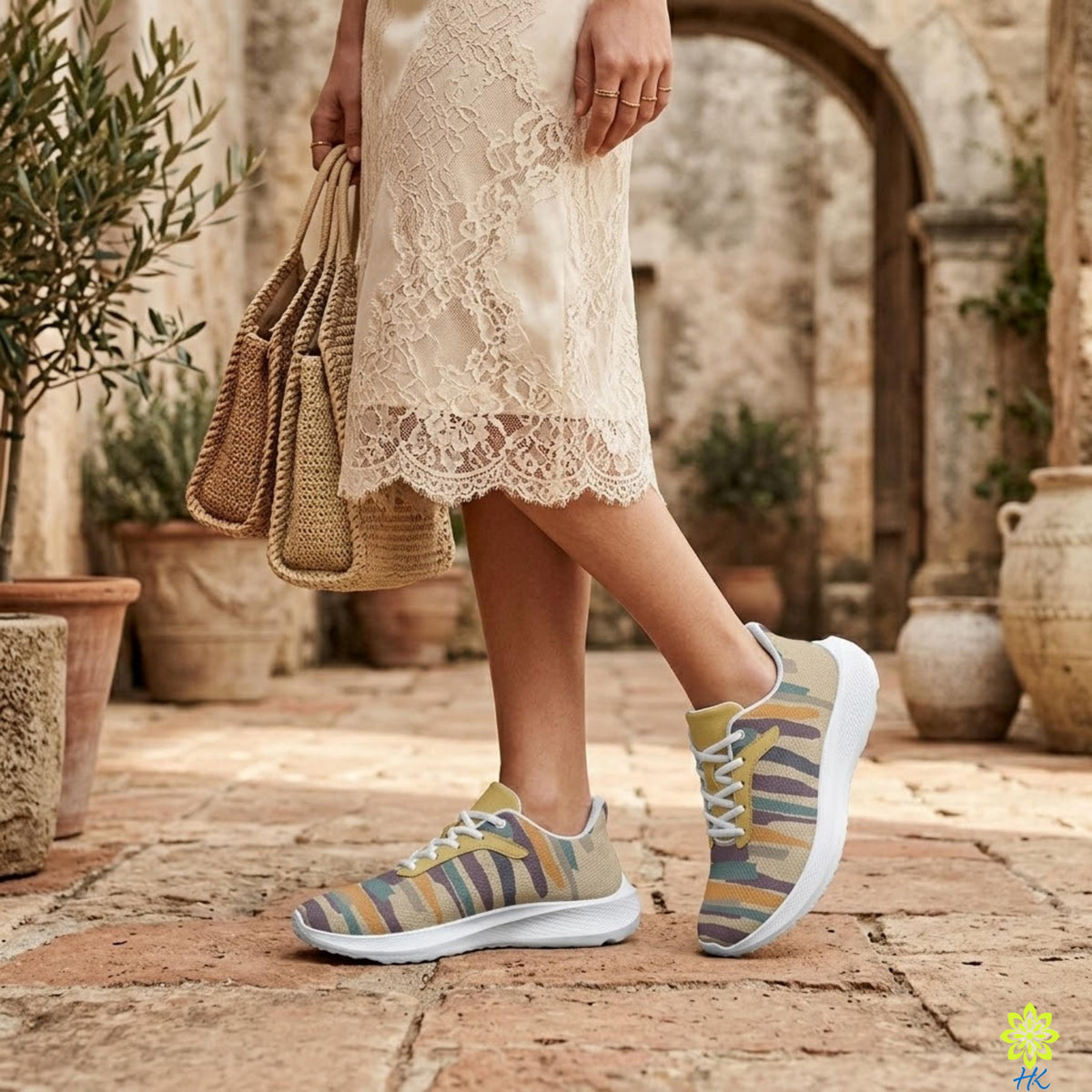 A woman wearing a lace skirt and colorful sneakers stands in front of a stone archway, holding a woven purse.