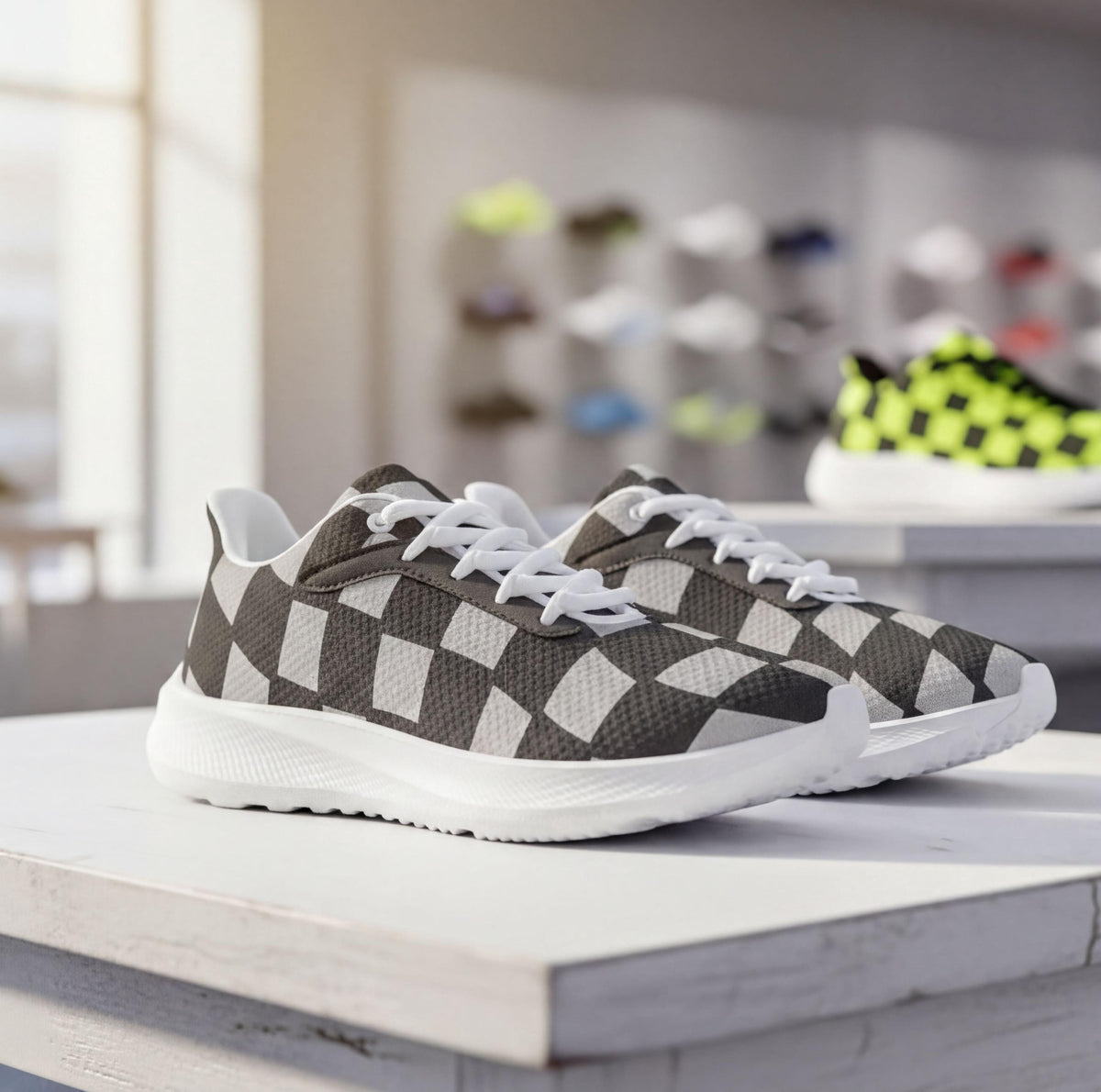 A pair of black and white checkered sneakers with white soles, displayed on a white surface in a retail setting.
