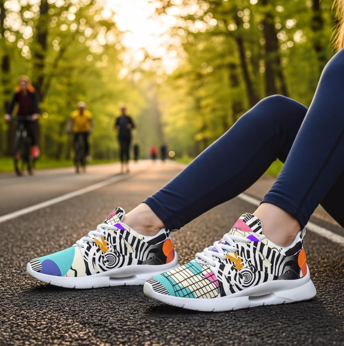 A person wearing colorful sneakers is sitting on a paved path in a park, with other people walking or biking in the background.