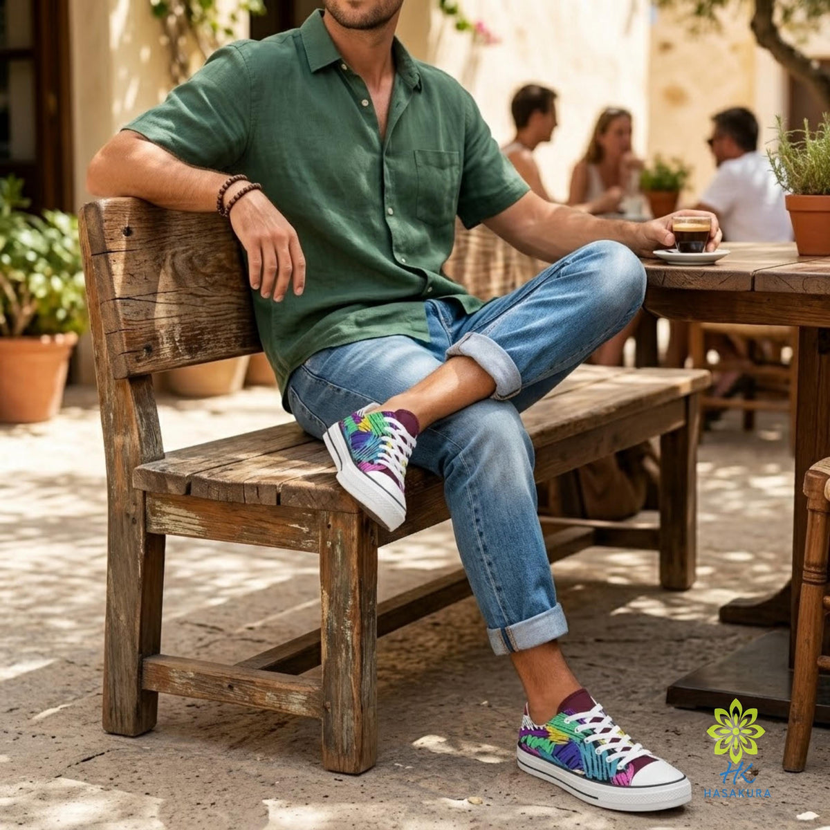 A man wearing a green shirt and colorful sneakers is sitting on a wooden bench, with a potted plant and other people in the background.