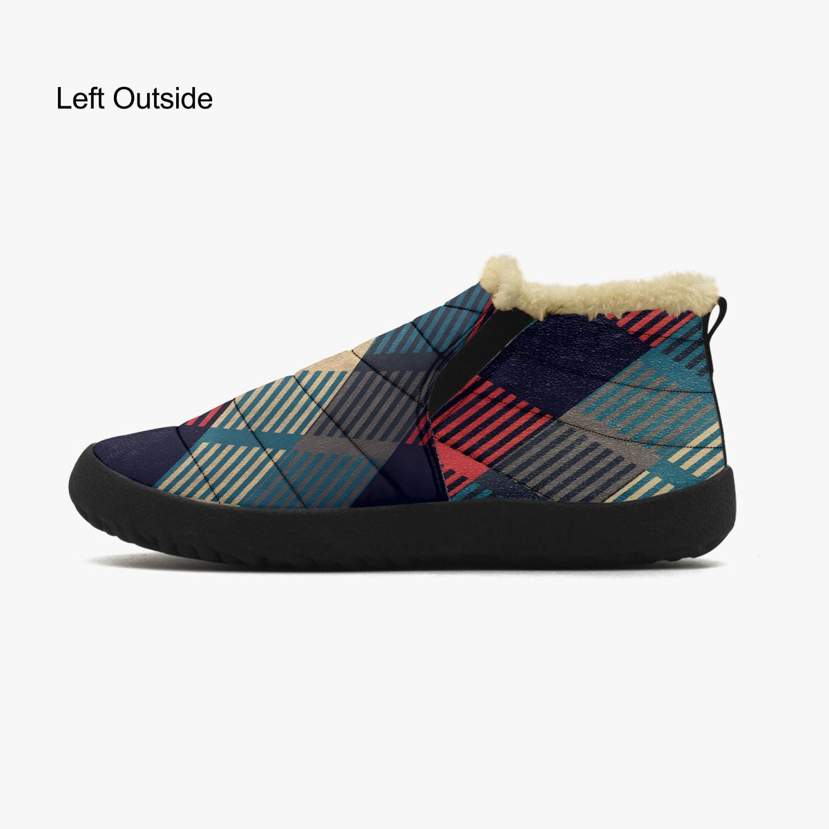 A colorful, patterned shoe with a fur lining, featuring a geometric design in various shades of blue, red, and gray.