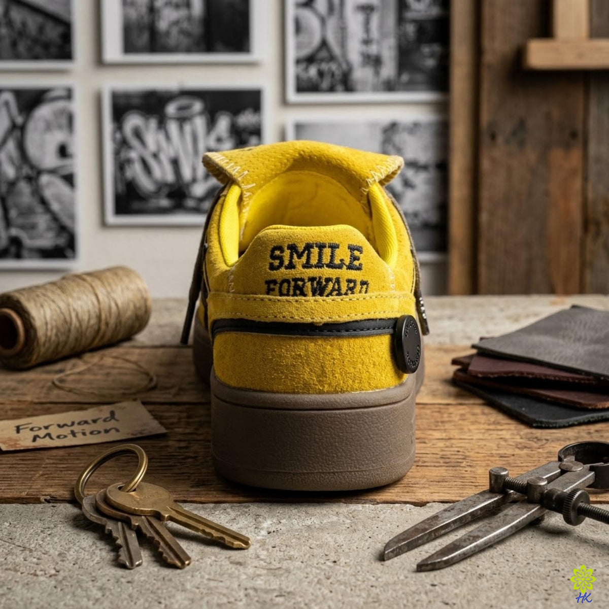 A yellow sneaker with the text "SMILE FORWARD" on the back, placed on a wooden surface with various tools and accessories such as keys and a leather item.