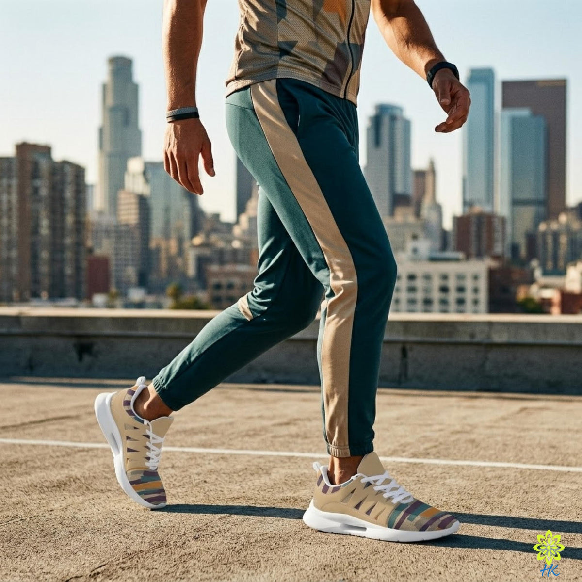 A person wearing green and beige athletic pants and colorful sneakers is walking on a rooftop with a city skyline in the background.