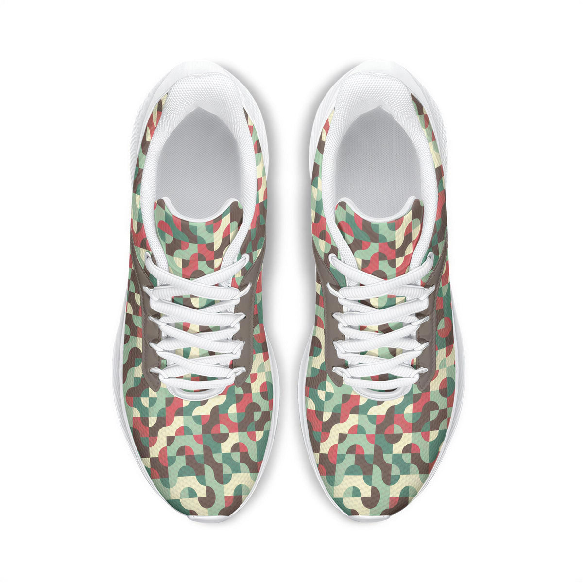 A pair of colorful, patterned sneakers with a geometric design.