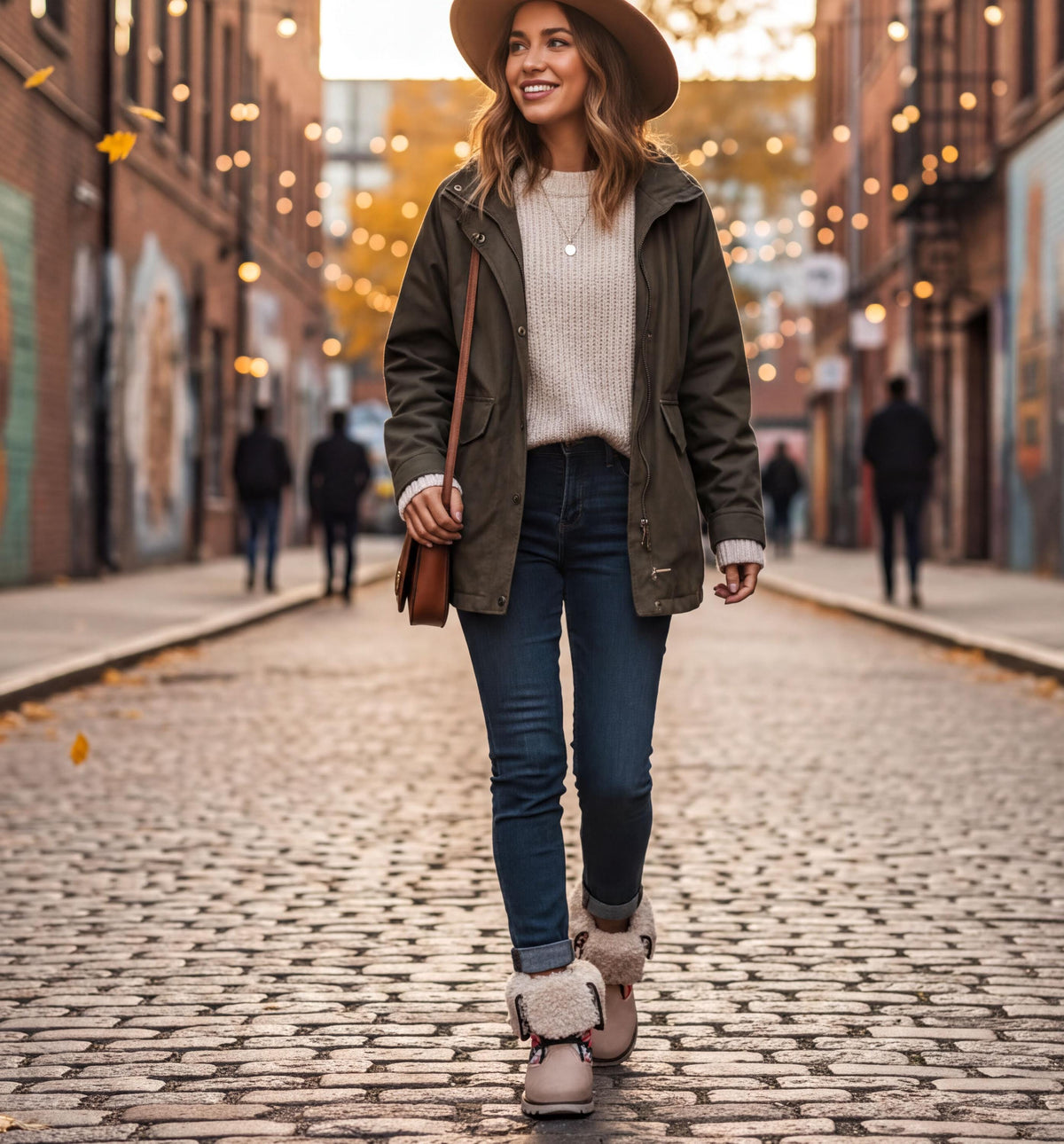 A woman wearing a brown jacket, white sweater, and jeans walks down a brick street lined with buildings and street lamps, carrying a brown purse and wearing a wide-brimmed hat.