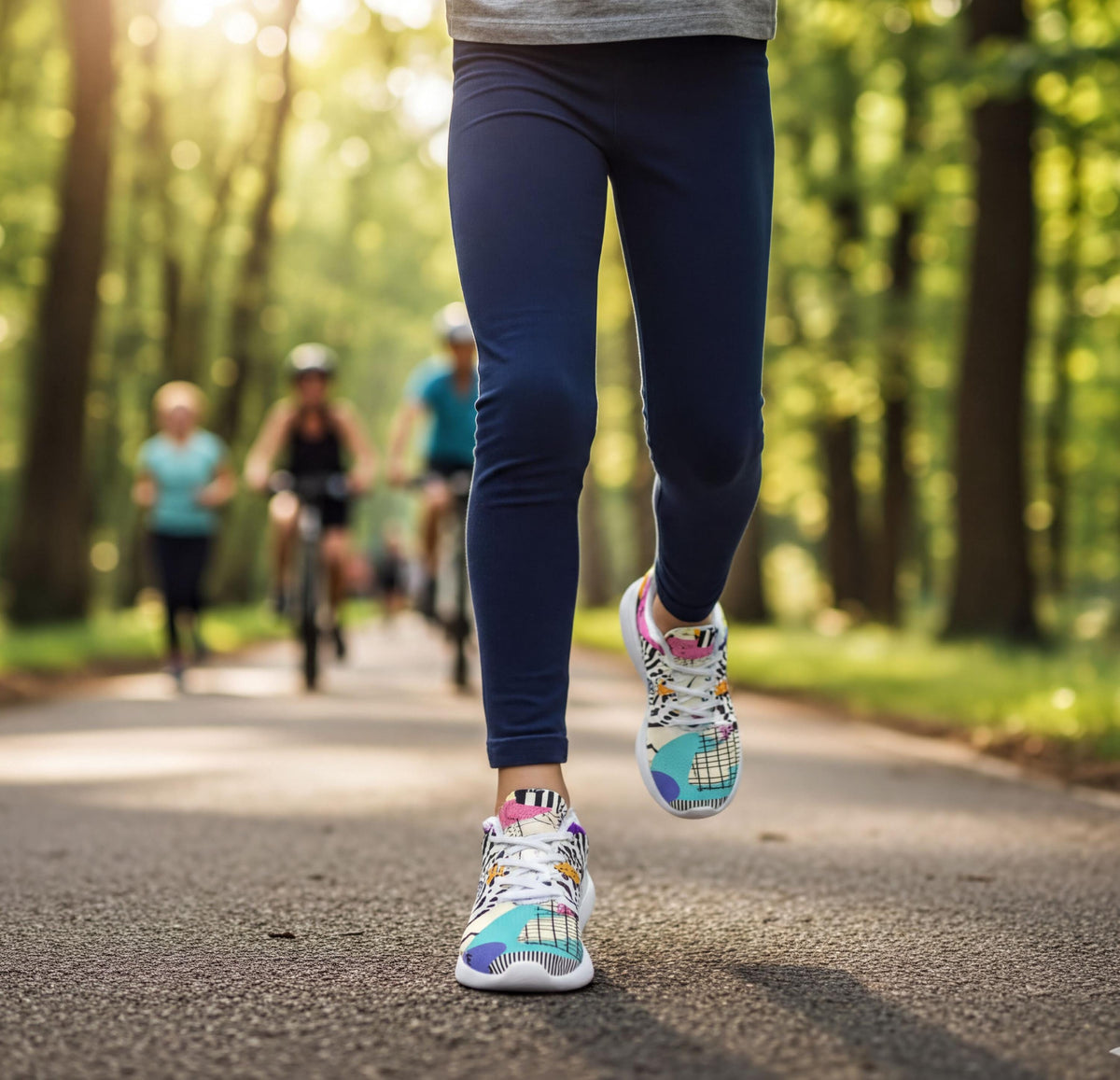 A person is jogging on a paved path in a park, surrounded by trees and other people engaged in various activities.