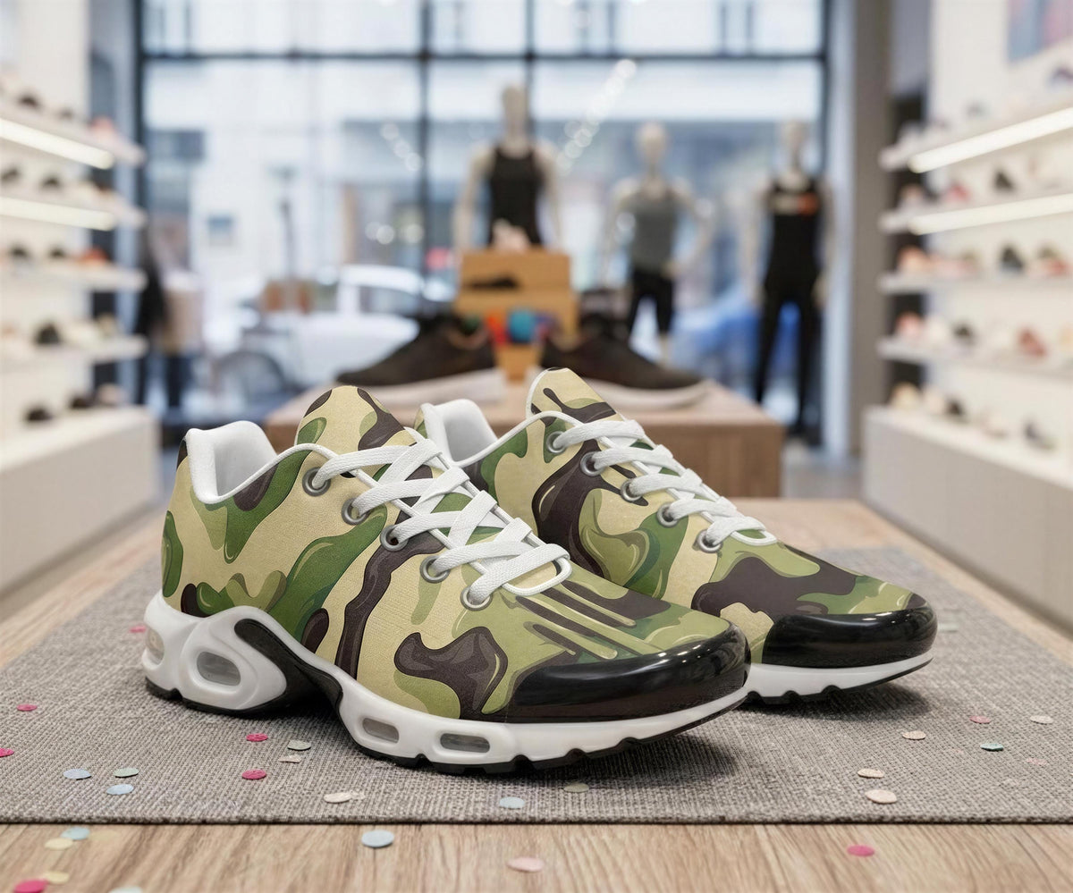 A pair of camouflage-patterned sneakers is displayed on a wooden surface, with a blurred background featuring mannequins and a store window.