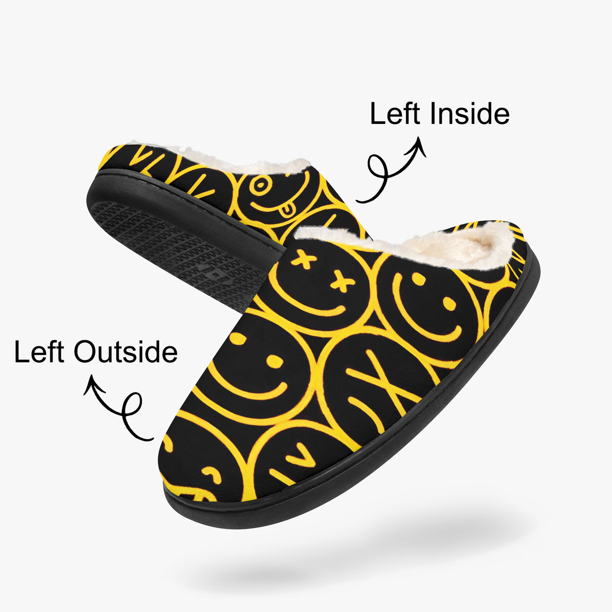 Left inside and left outside side view of smiley face slippers on white background
