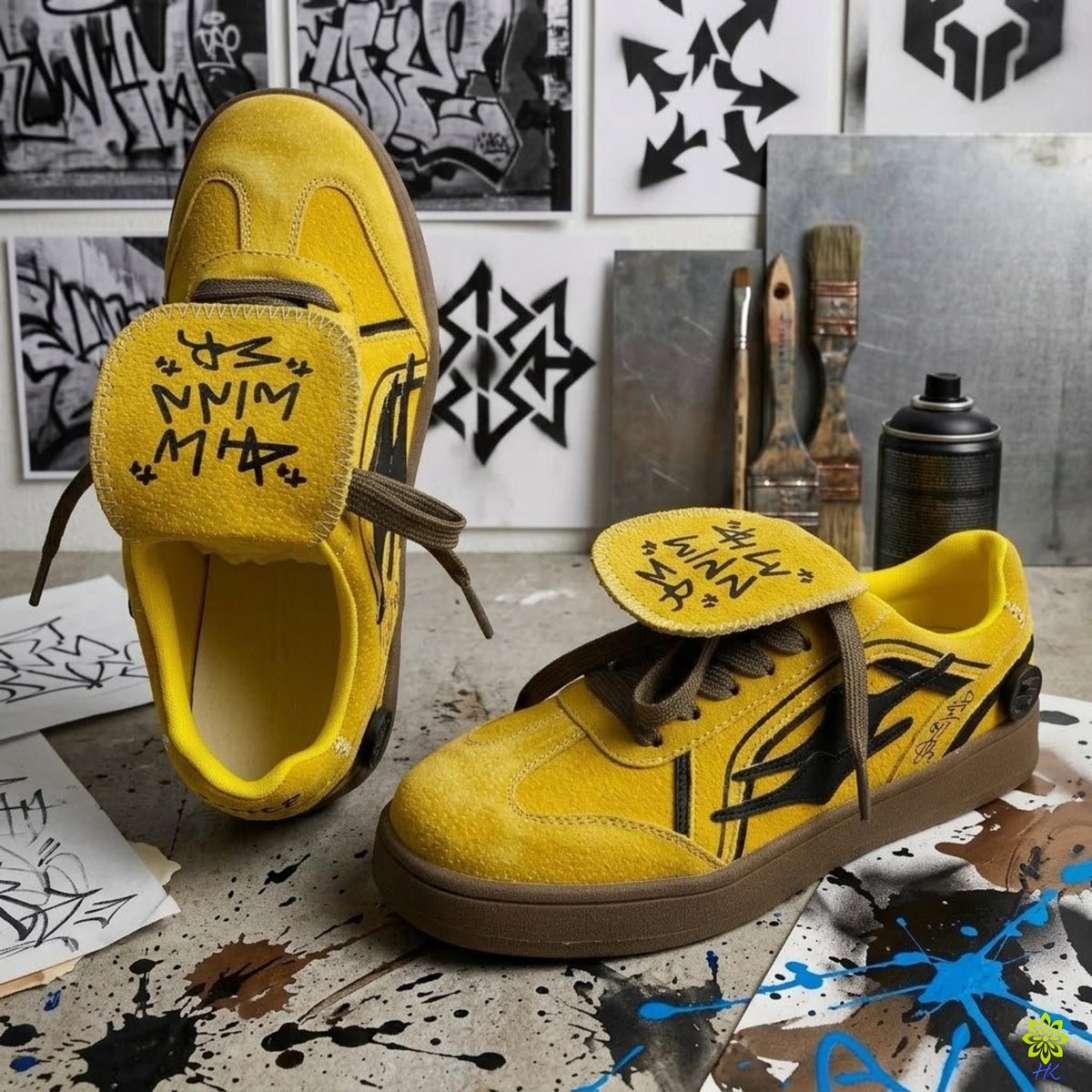 A pair of yellow sneakers with black text and designs, placed on a surface with various graffiti-style artwork and supplies in the background.