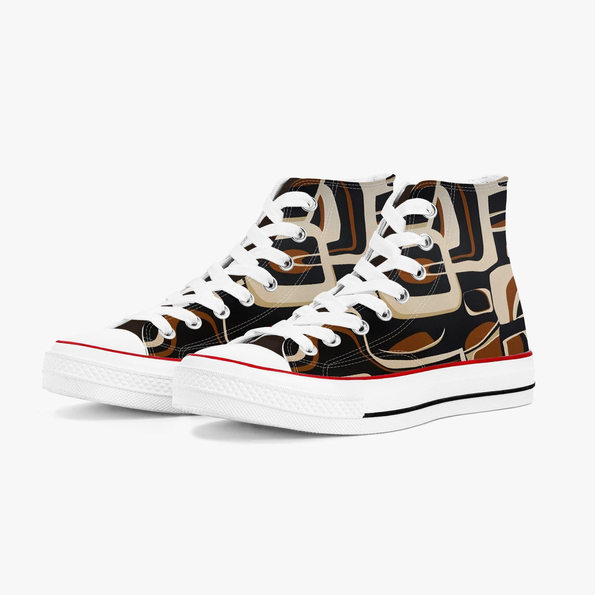 A pair of high-top sneakers with a colorful abstract pattern on the side.
