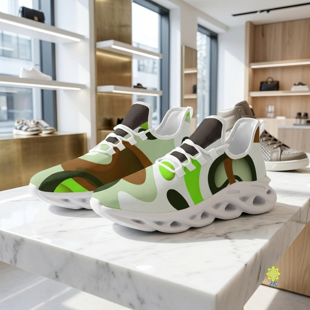 A pair of colorful sneakers with a camouflage pattern displayed on a marble countertop in a store.