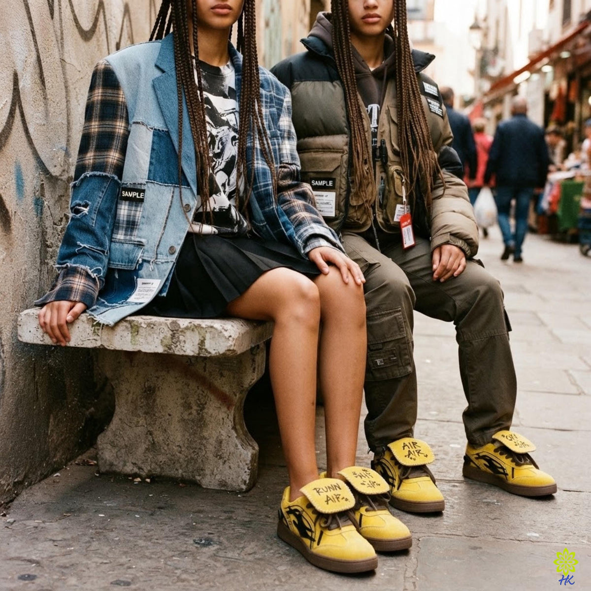 Two individuals sitting on a bench, one wearing a denim jacket and the other wearing a brown jacket, with yellow sneakers on their feet.