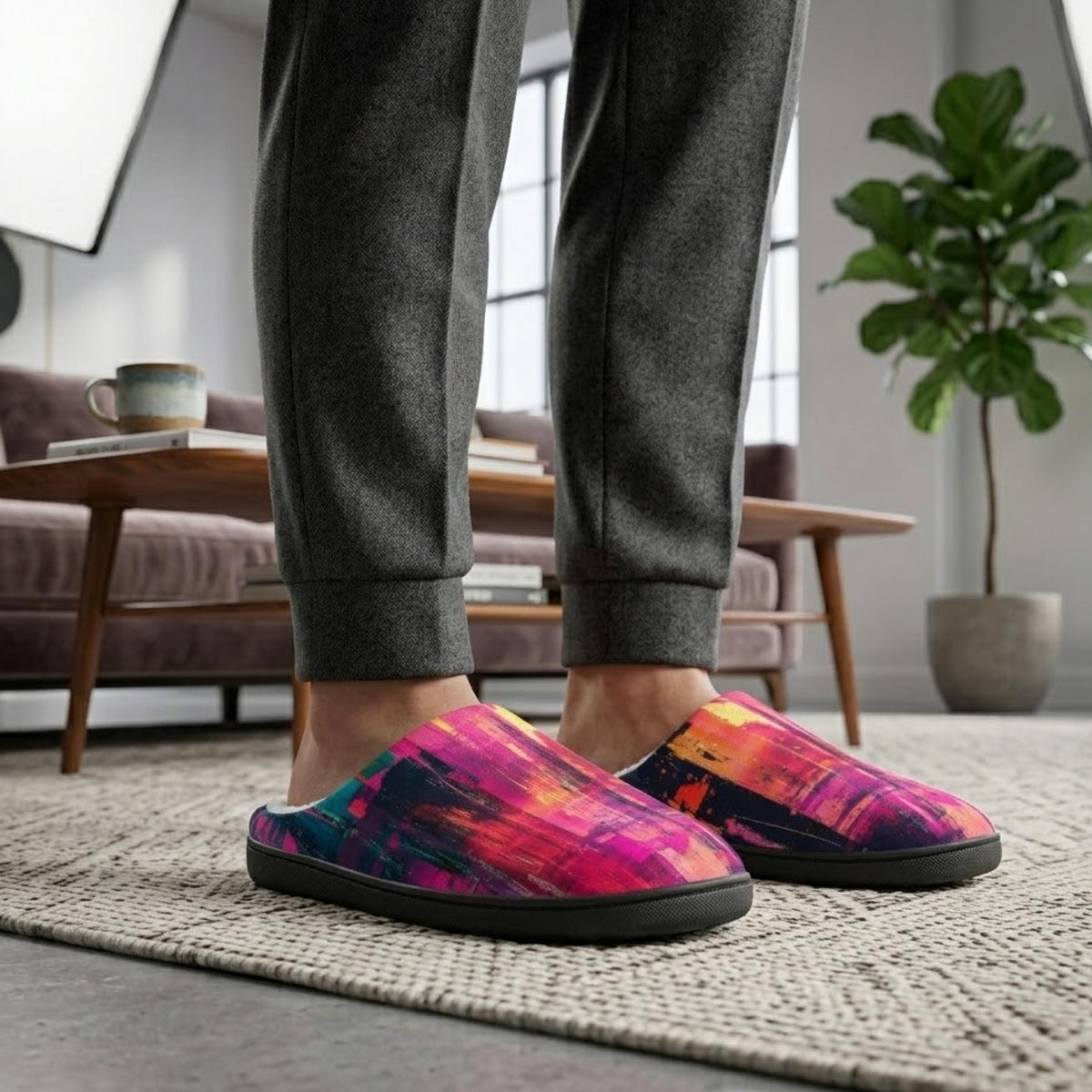 A person wearing colorful patterned slippers stands in a living room with a couch, coffee table, and potted plant in the background.