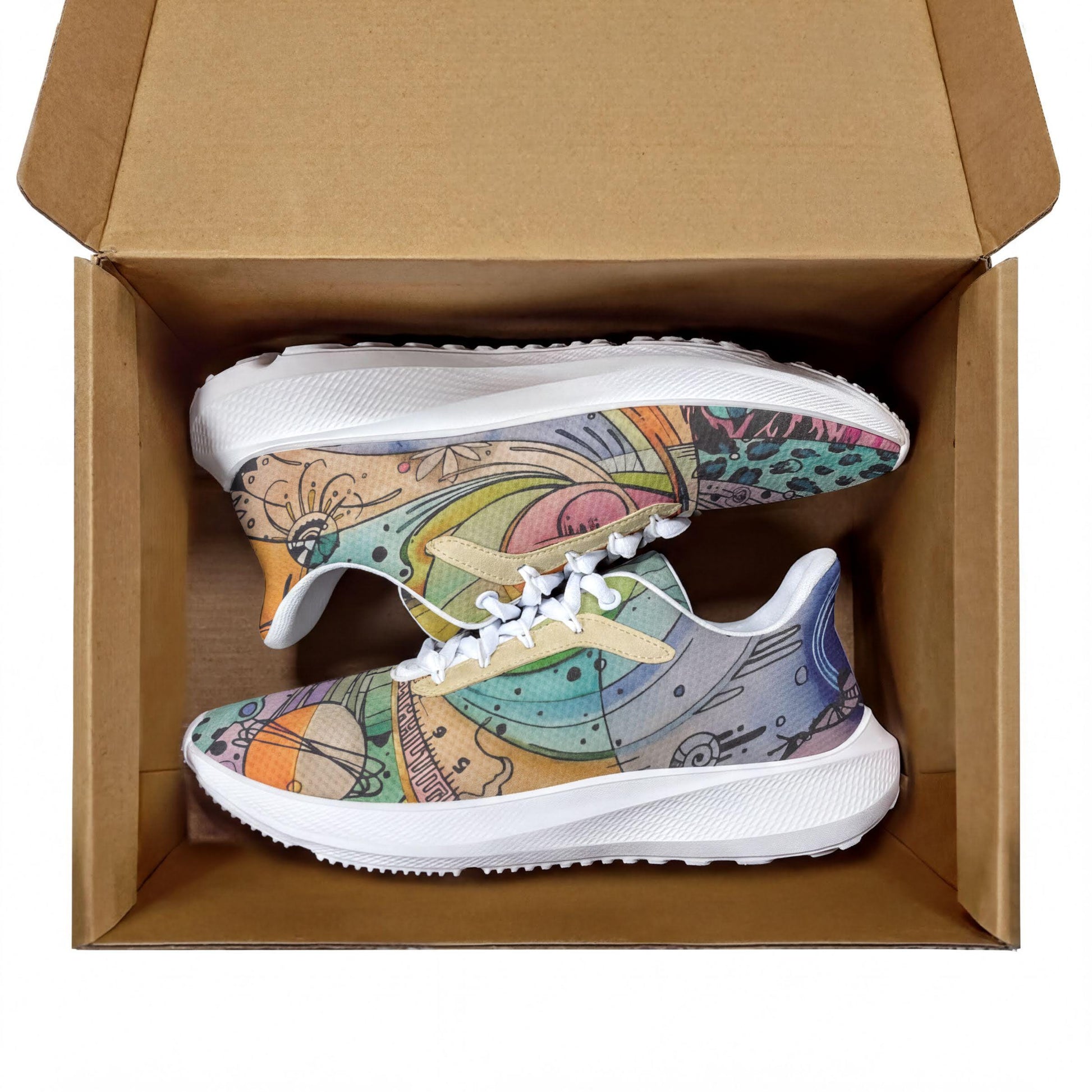 A pair of colorful, patterned sneakers are displayed inside a cardboard box.