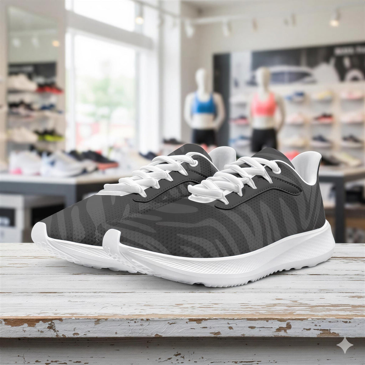A pair of gray and white zebra-striped running shoes are displayed on a wooden surface, with a blurred background of a shoe store interior.