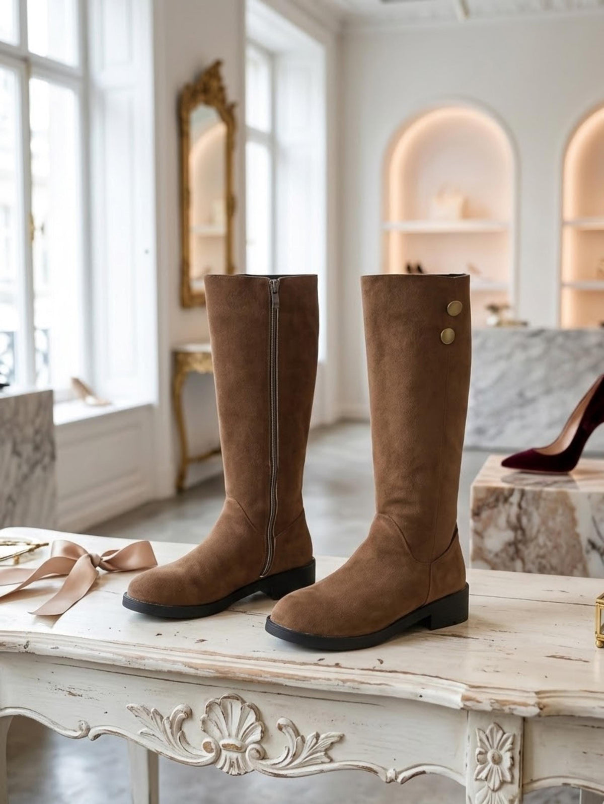 A pair of brown suede boots with zippers and buttons, displayed on a white table with a decorative design, in a room with a mirror and shelves.