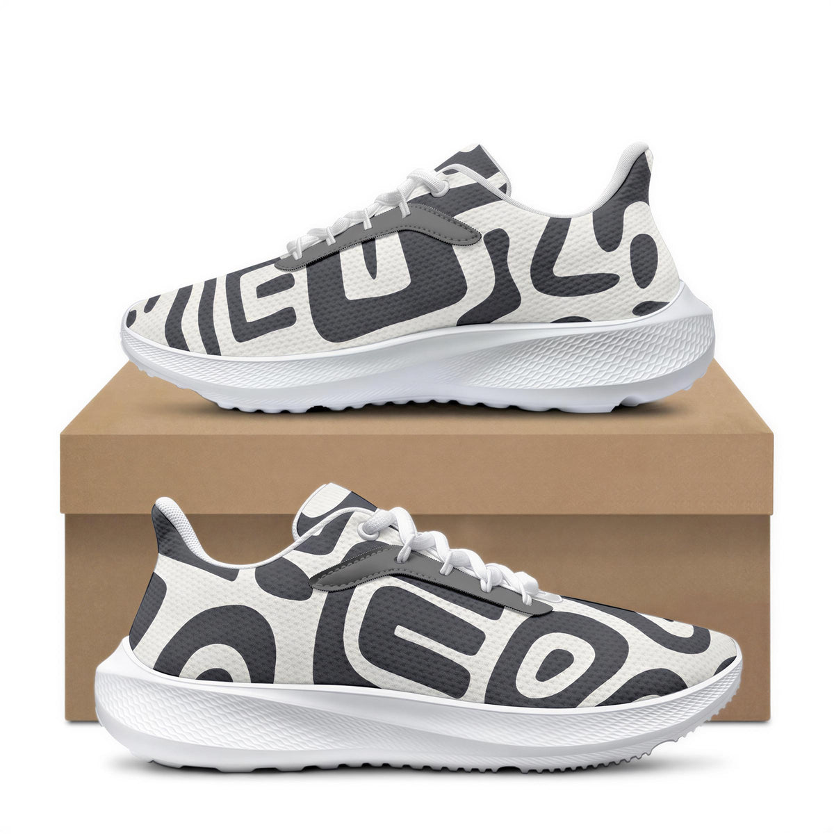 A pair of white and black sneakers with a bold, abstract pattern on the side.