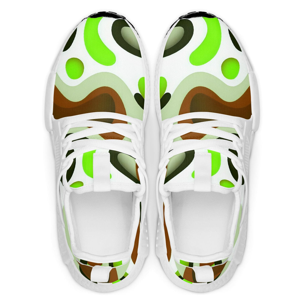 A pair of white sneakers with a vibrant, abstract pattern in shades of green and brown.