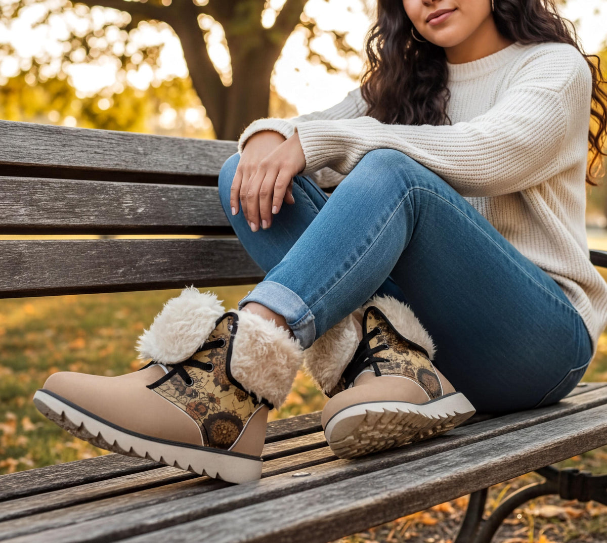 A woman sits on a wooden bench in a park, wearing a white sweater, blue jeans, and tan boots with fur trim.