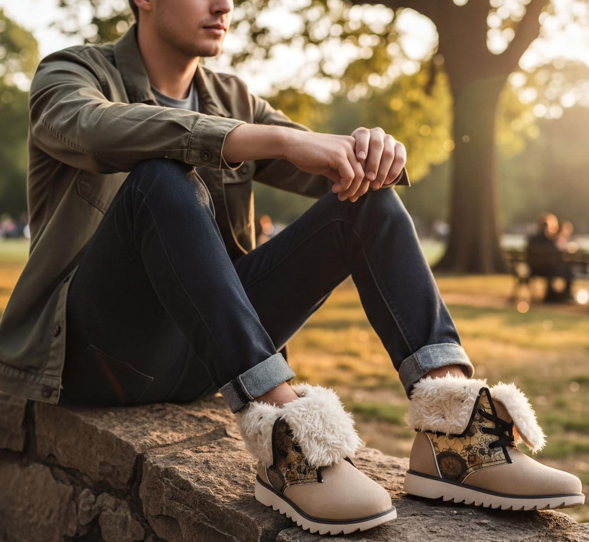 A man sits on a stone bench in a park, wearing a green jacket, blue jeans, and tan boots with fur trim.