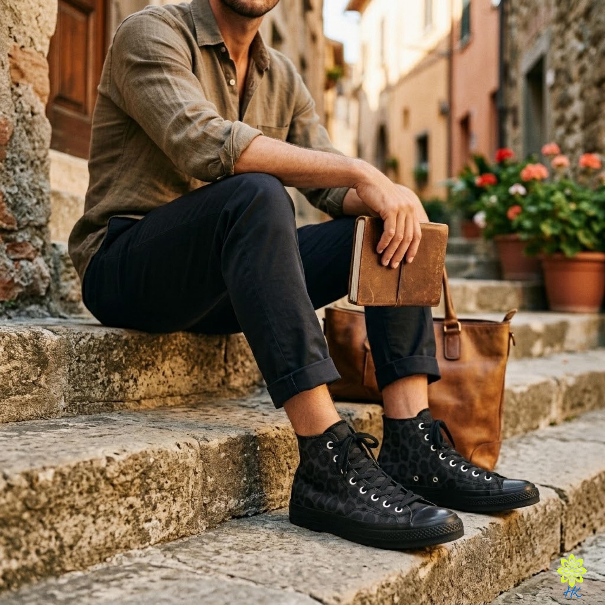 A man sits on stone steps, holding a book and wearing black shoes, with a brown leather bag nearby.