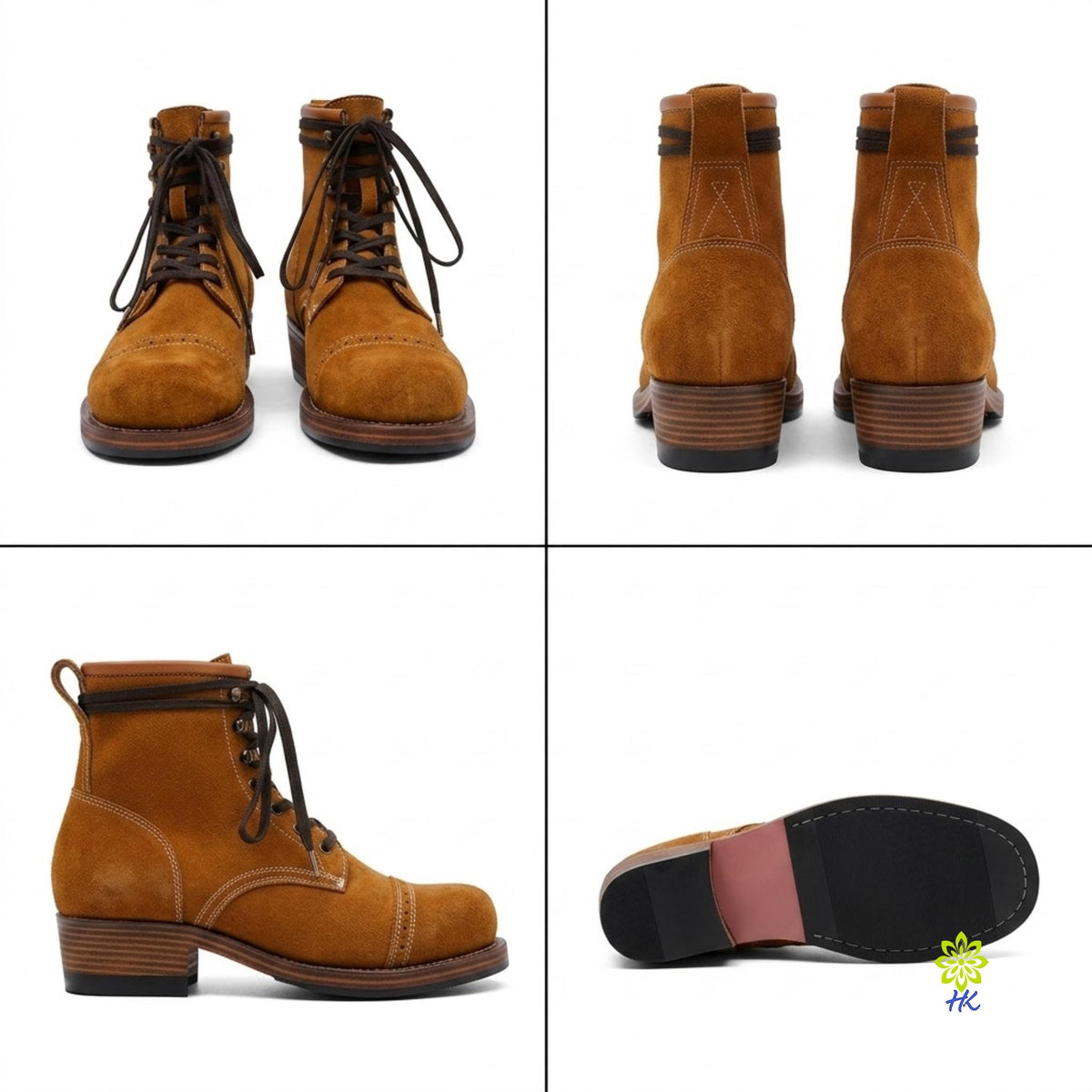 A four-panel product collage showing a pair of tan suede lace-up ankle boots from multiple angles: front views, back views, a side profile view, and a sole view. The boots have dark brown laces, stacked brown heels, and a pinkish-red heel accent visible in the side view.
