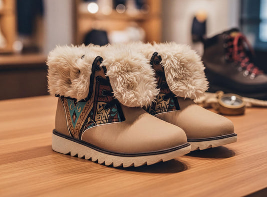 A pair of beige, furry boots with intricate designs on the sides are displayed on a wooden surface.