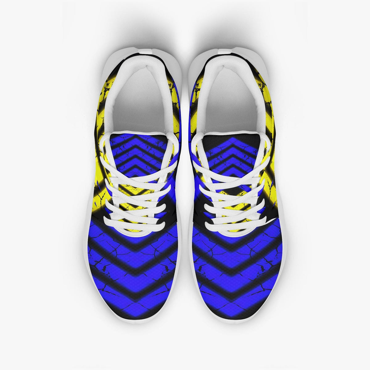 A pair of colorful sneakers with a blue and yellow patterned design.