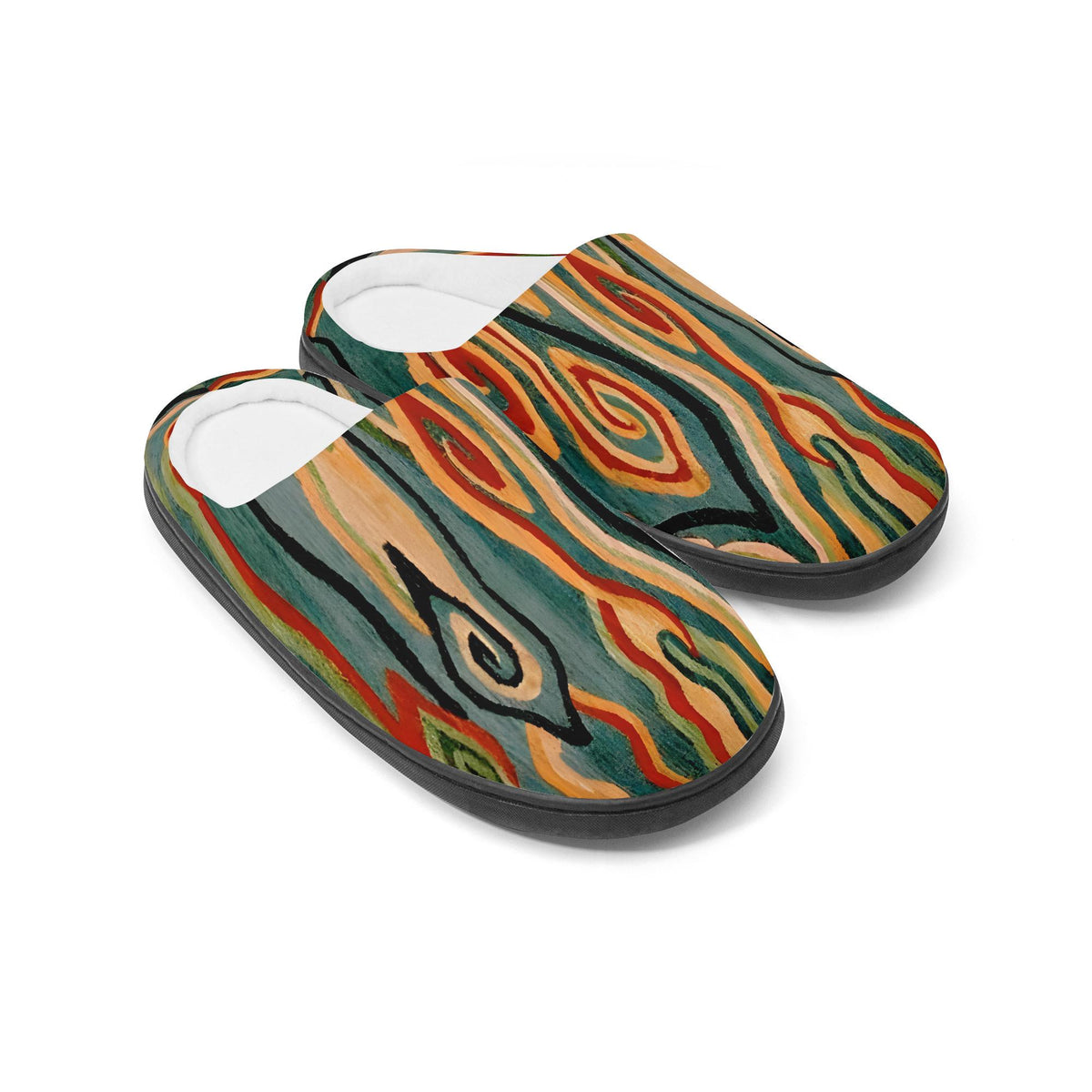 A pair of colorful slippers with abstract patterns on the soles.