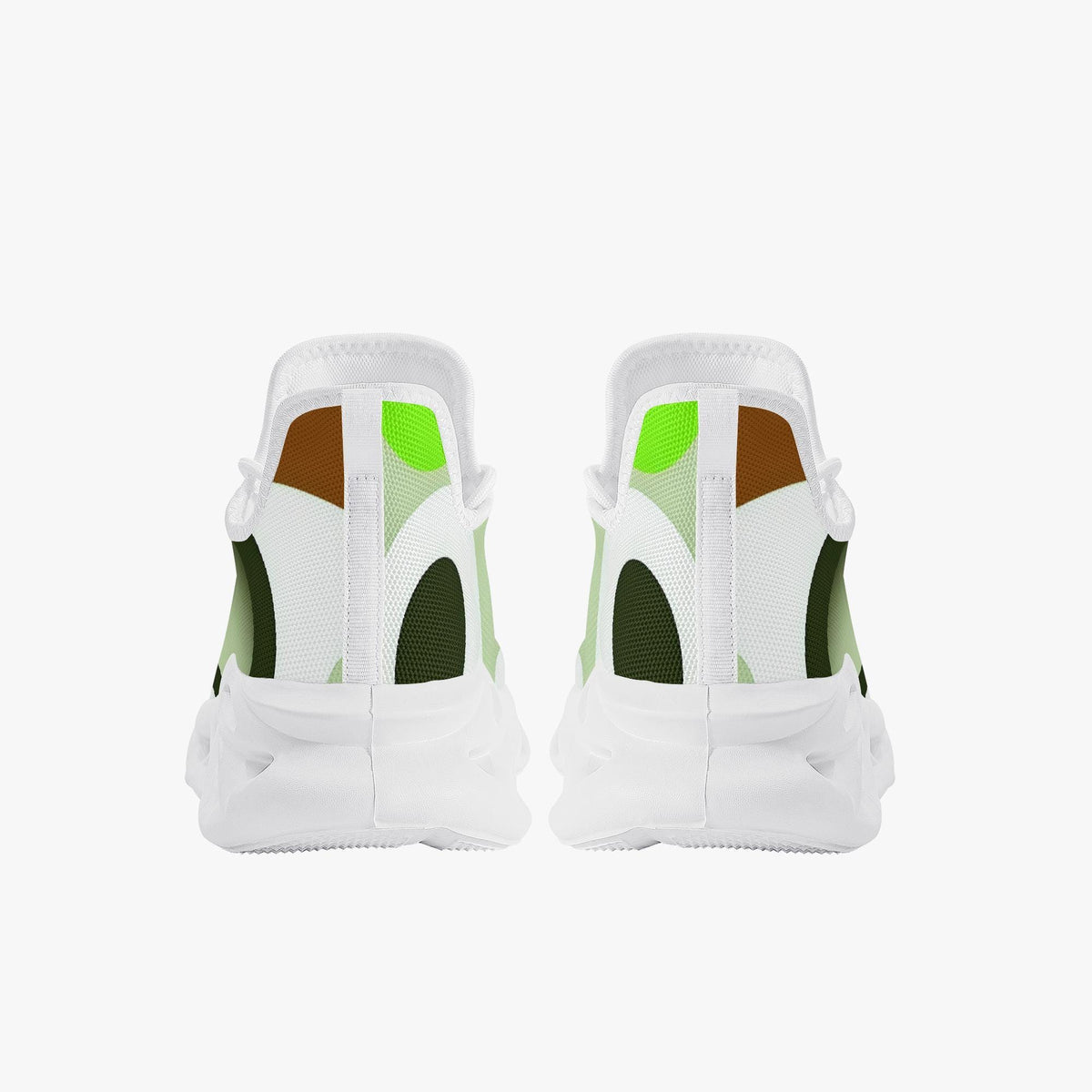 the back view of a pair of white sneakers with green and brown accents.