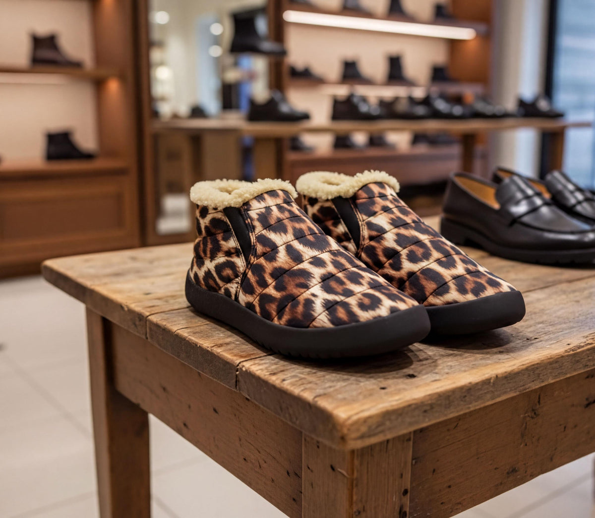 A pair of leopard print boots sits on a wooden table in a shoe store, with other shoes visible in the background.