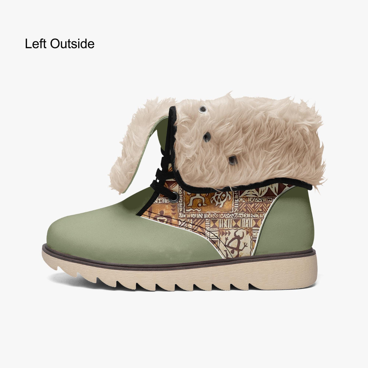 A pair of green boots with a furry trim, featuring a patterned design on the side.