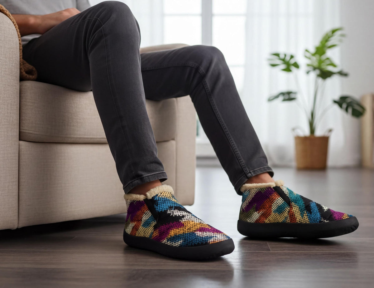 A person is sitting on a couch, wearing colorful patterned shoes, with a potted plant in the background.