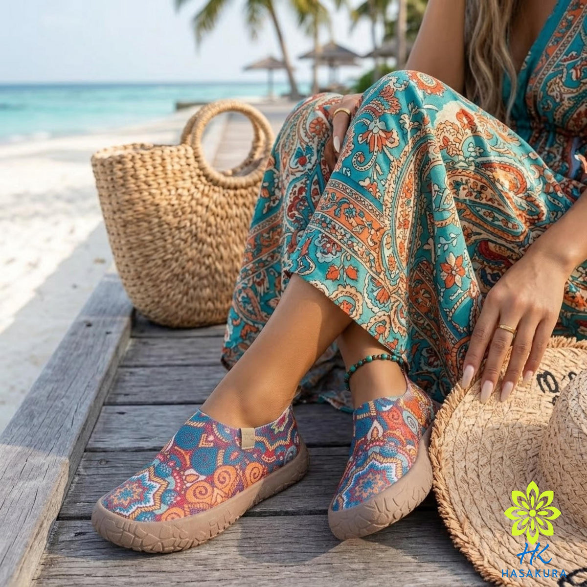 A woman in a colorful dress sits on a wooden bench, wearing patterned shoes, with a straw hat and a woven basket nearby.