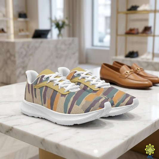 A pair of colorful sneakers with a camouflage pattern is displayed on a marble countertop, with a pair of brown loafers visible in the background.