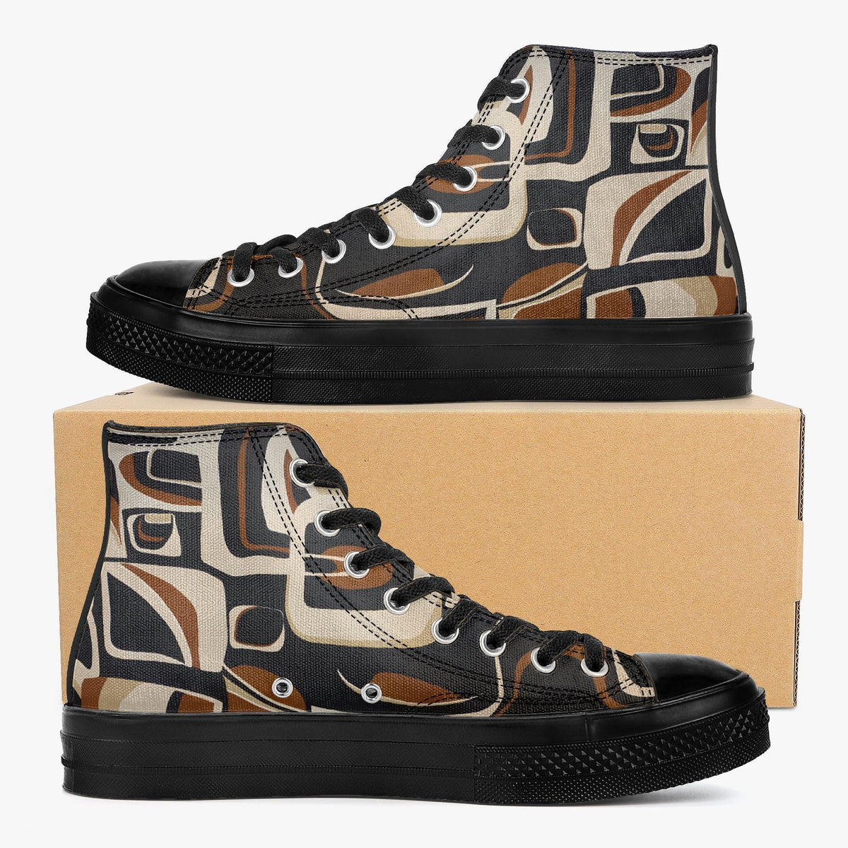 A pair of high-top sneakers with a black and brown abstract pattern on the side, placed on top of a cardboard box.