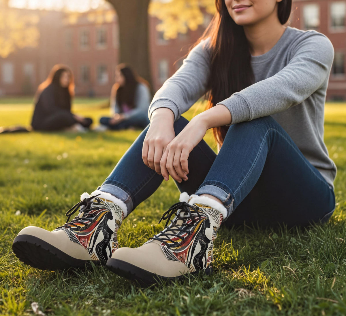 A woman sits on the grass, wearing a gray sweater and colorful boots, with two other people visible in the background.