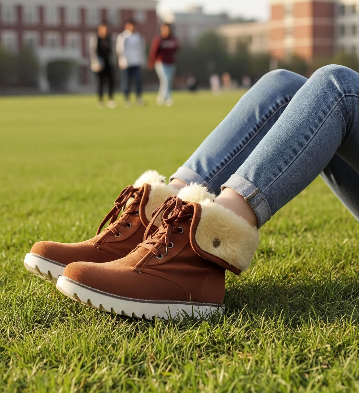 A person wearing brown boots and blue jeans is sitting on the grass, with their feet resting on the ground.