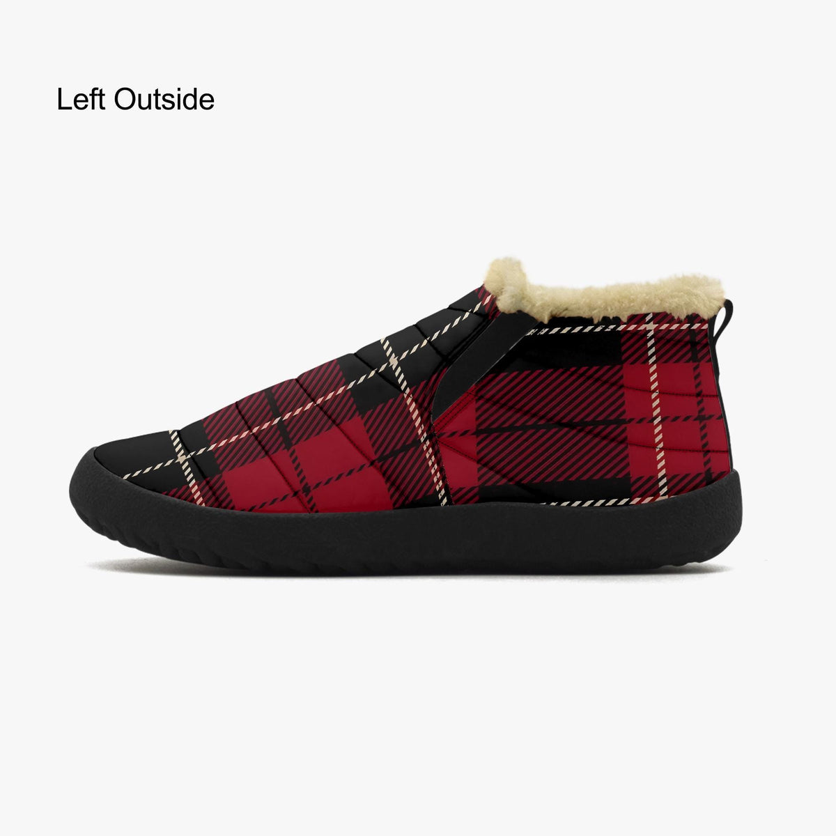 A black and red plaid shoe with a fur lining, positioned on the left side of the image.