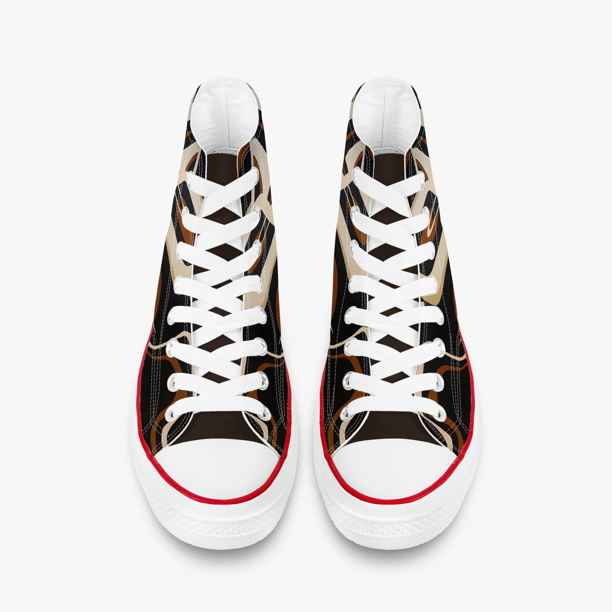 A pair of high-top sneakers with a black and white patterned design.