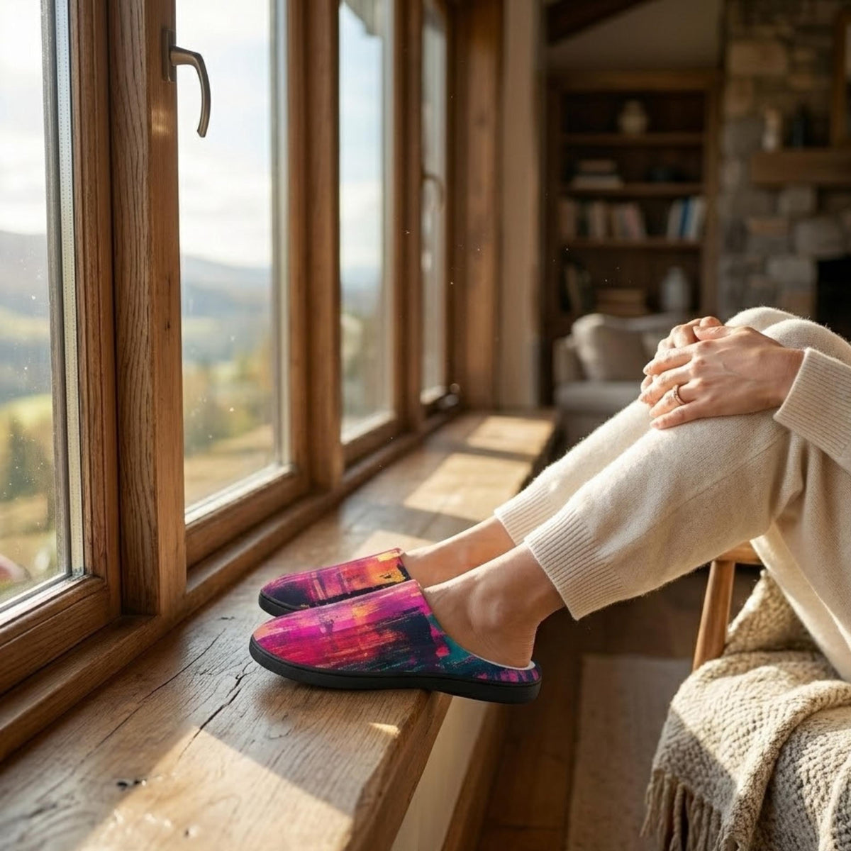 A person is sitting on a wooden bench, wearing colorful slippers, and looking out a window with a scenic view of mountains and trees.