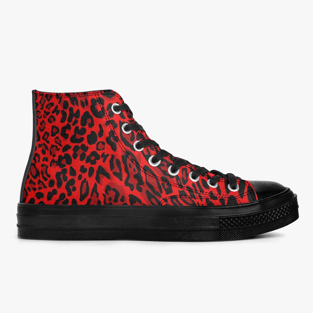 A red and black high-top sneaker with a bold leopard print pattern.