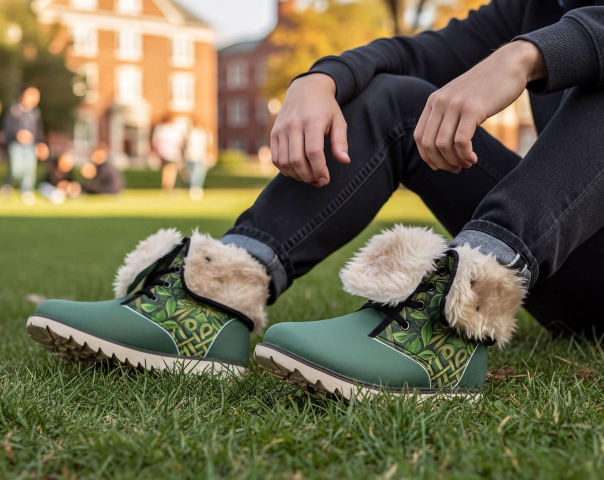 A person sitting on the grass wearing green and white boots with fur trim.