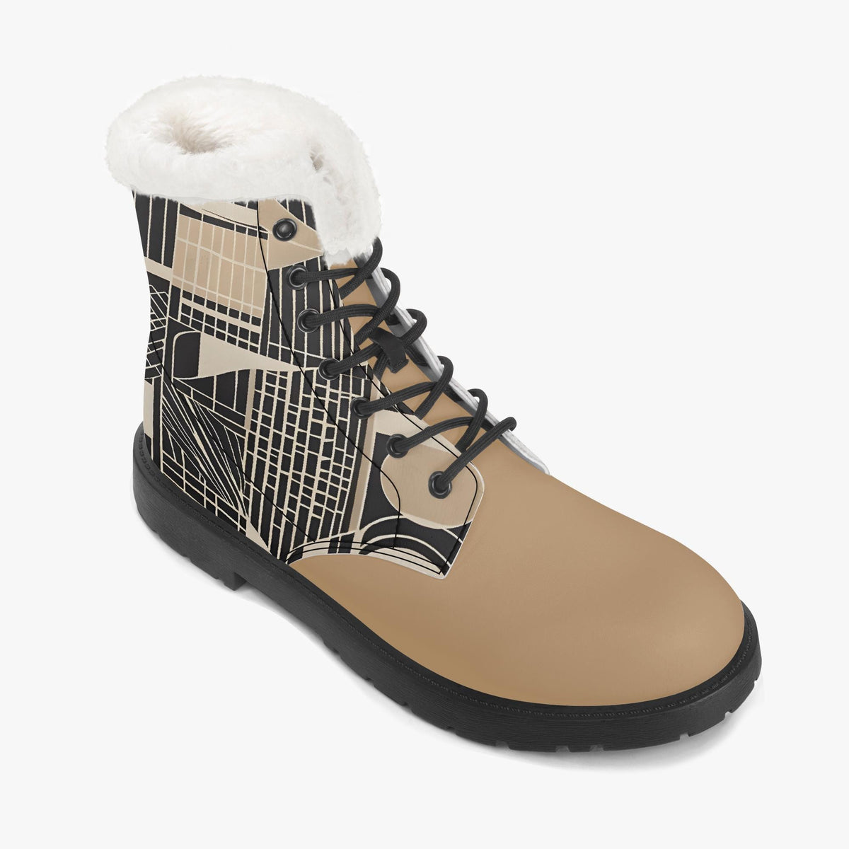 A tan and black patterned boot with a white fur lining.
