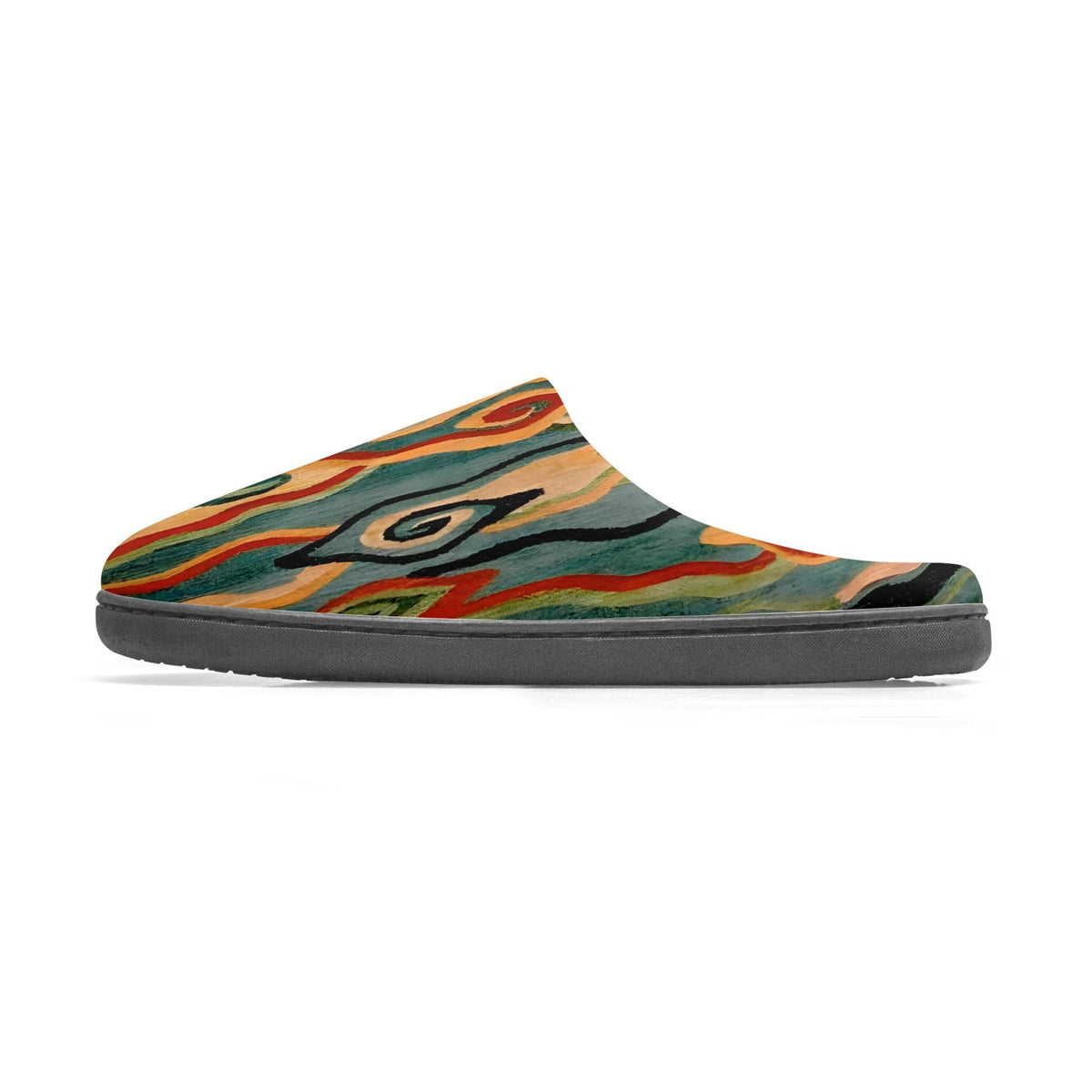 A colorful, abstract patterned shoe with a vibrant design.