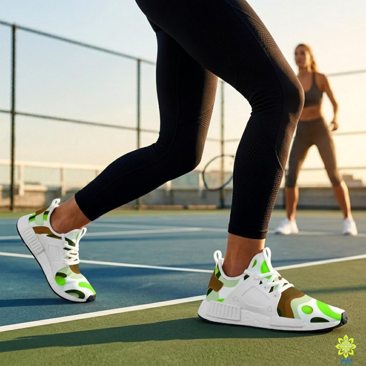 A person wearing black leggings and green and white sneakers is standing on a tennis court, with another person visible in the background.